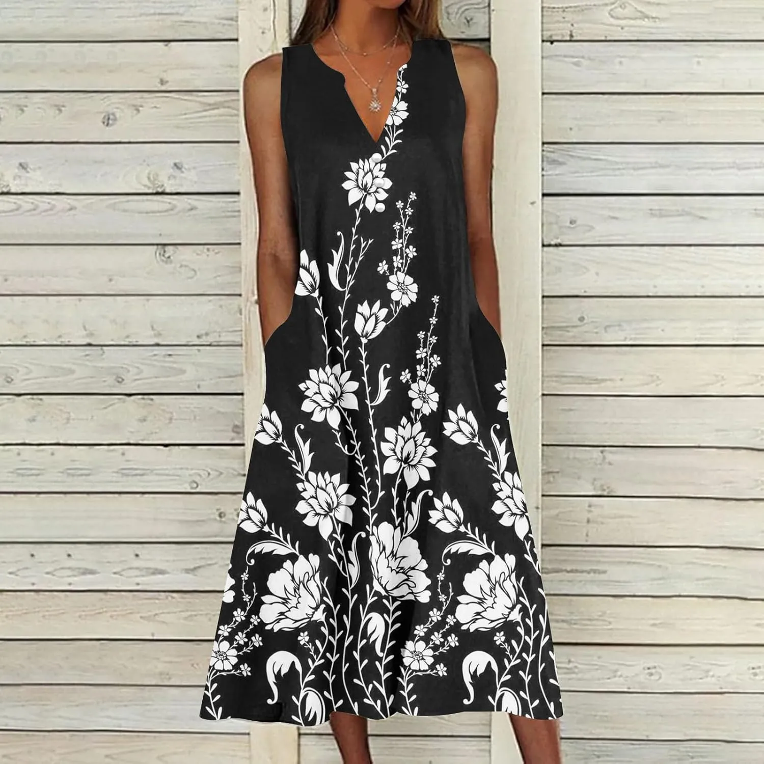 Womens Summer Design Casual Dress Fashion Floral Printed Elegant Dress Sleeveless V-Neck Long Dress with Pockets