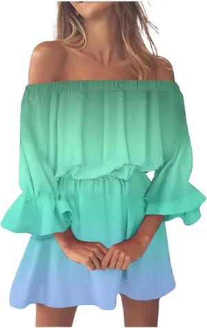 Womens Summer Dresses 2024 Off Shoulder Ruffle Long Sleeve Dress Boho Floral Mini Dress Strapless Short Dress