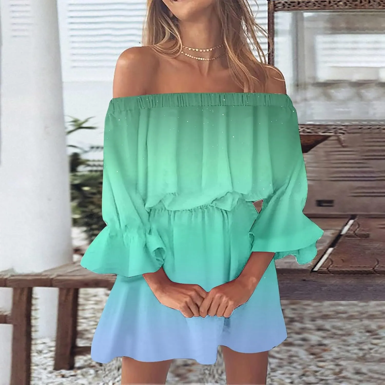 Womens Summer Dresses 2024 Off Shoulder Ruffle Long Sleeve Dress Boho Floral Mini Dress Strapless Short Dress