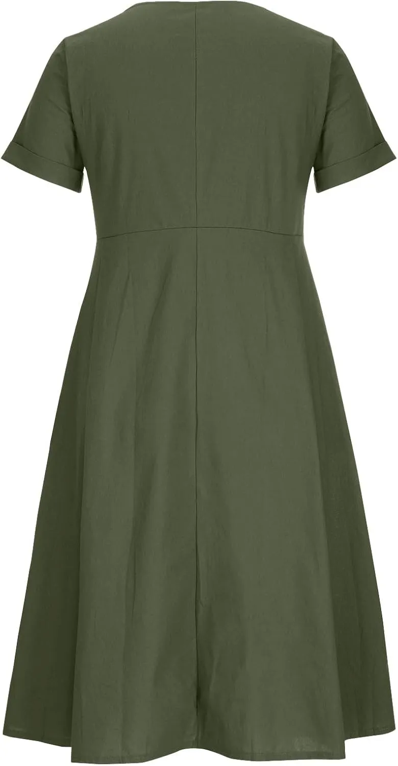 Women's Summer Dresses 2025 Casual Loose Trendy Short Sleeve V-Neck Solid Color Button Linen Dress Plus Size, S-5XL
