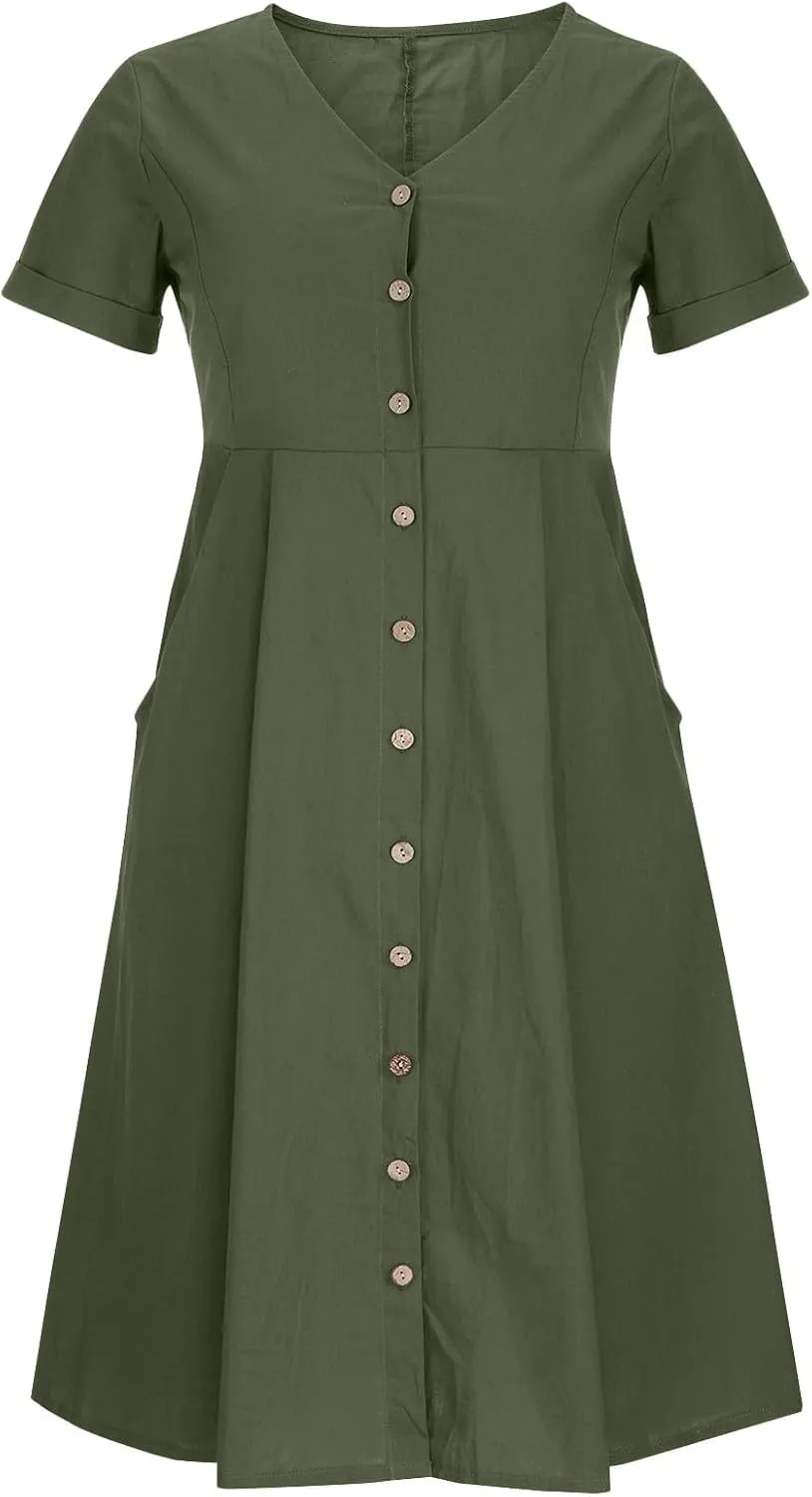 Women's Summer Dresses 2025 Casual Loose Trendy Short Sleeve V-Neck Solid Color Button Linen Dress Plus Size, S-5XL
