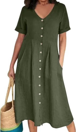 Women's Summer Dresses 2025 Casual Loose Trendy Short Sleeve V-Neck Solid Color Button Linen Dress Plus Size, S-5XL
