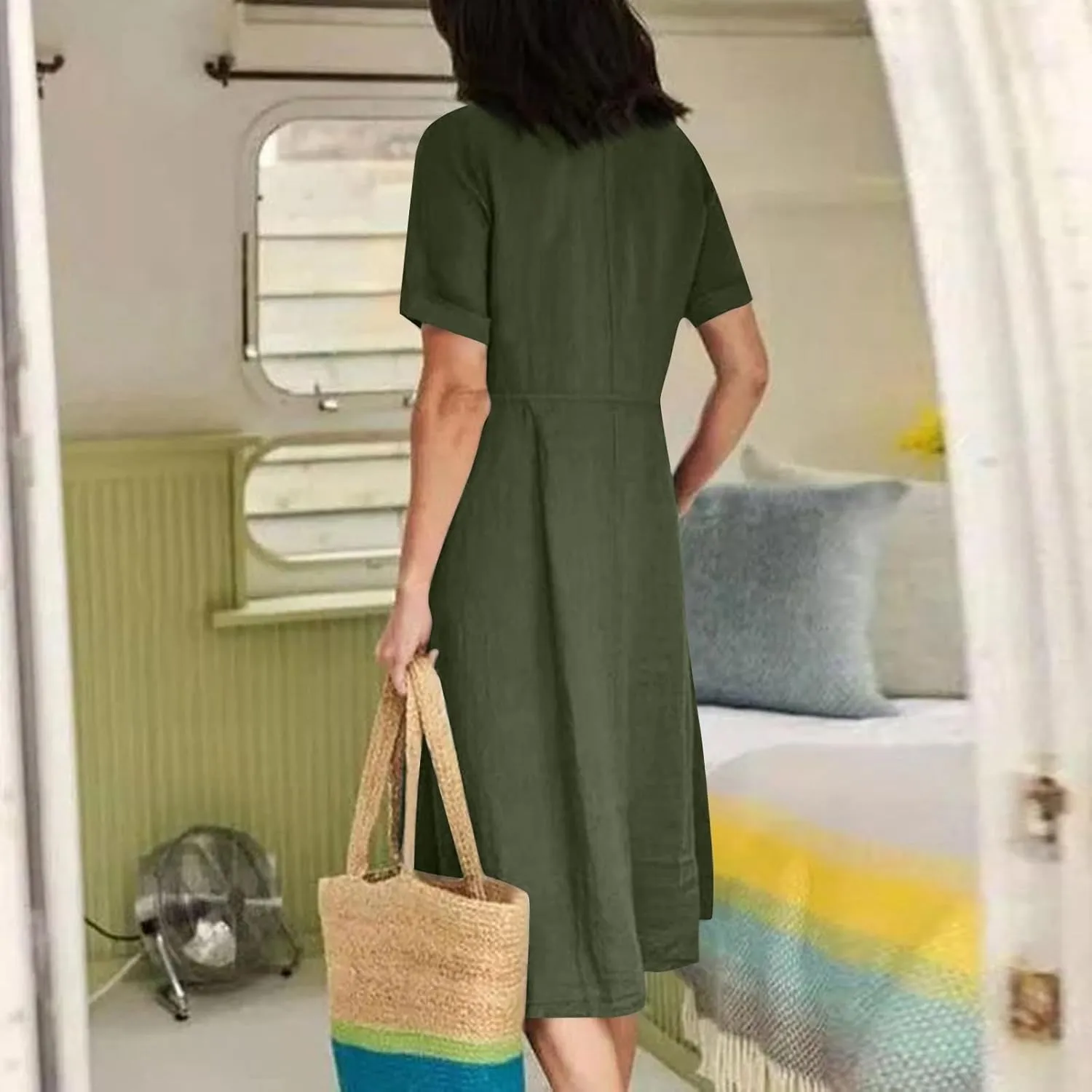 Women's Summer Dresses 2025 Casual Loose Trendy Short Sleeve V-Neck Solid Color Button Linen Dress Plus Size, S-5XL