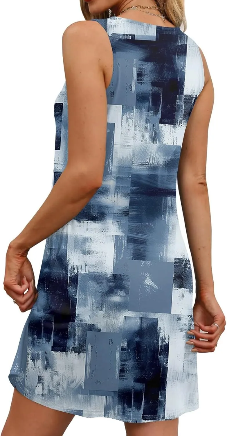 Womens Summer Dresses 2025 Casual Soft Loose U Neck Sleeveless Sundresses Boho Tank Dress Floral Dresses with Pockets
