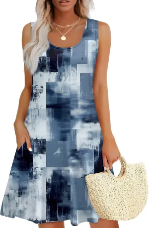 Womens Summer Dresses 2025 Casual Soft Loose U Neck Sleeveless Sundresses Boho Tank Dress Floral Dresses with Pockets