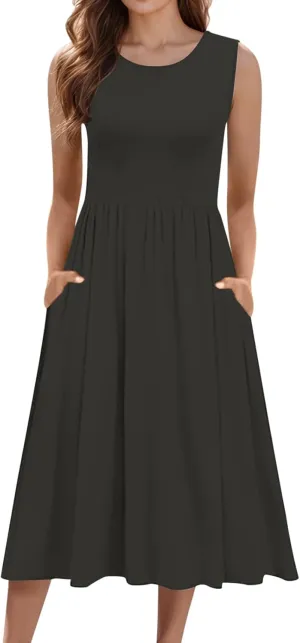 Womens Summer Dresses 2025 Sleeveless Crewneck Empire Waist Casual A-Line Swing Midi Dress Sundress Tank Dresses
