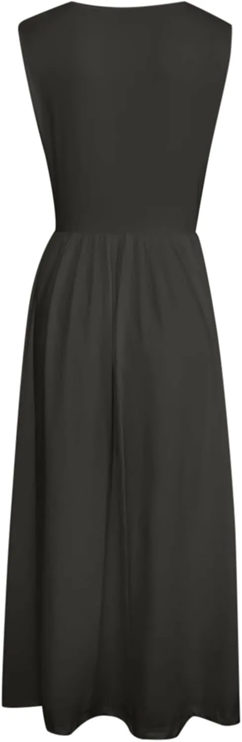 Womens Summer Dresses 2025 Sleeveless Crewneck Empire Waist Casual A-Line Swing Midi Dress Sundress Tank Dresses
