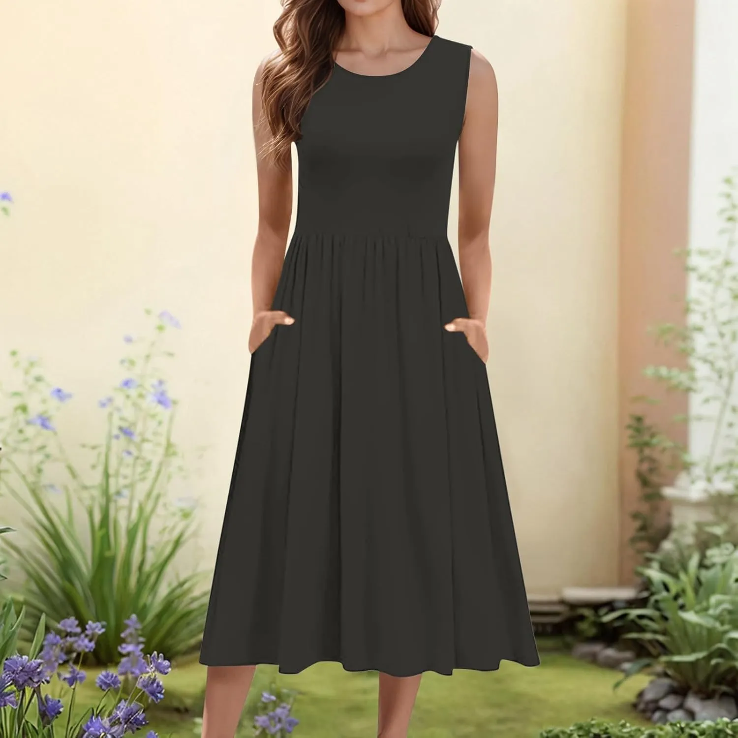 Womens Summer Dresses 2025 Sleeveless Crewneck Empire Waist Casual A-Line Swing Midi Dress Sundress Tank Dresses