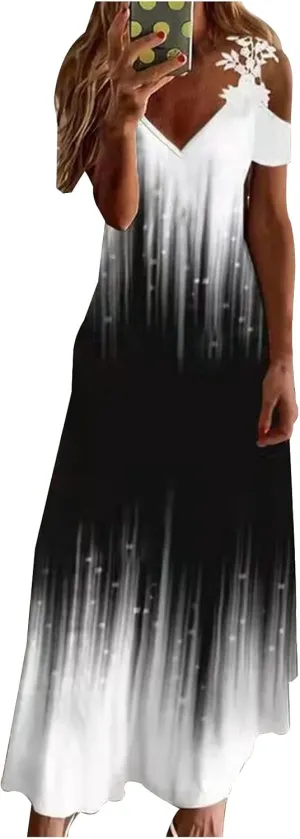 Women's Summer Dresses Boho Floral Print Loose Casual V-Neck Short Sleeve Long Maxi Dress 2024 Casual, S-3XL
