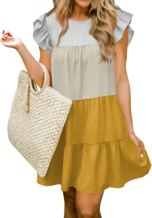 Women's Summer Dresses Casual Crew Neck Ruffle Sleeve Solid Color Flutter Beach Short Tunic Cute Mini Dress, S-2XL