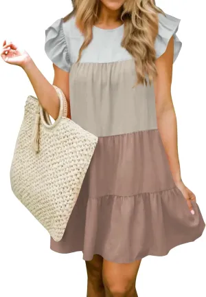 Women's Summer Dresses Casual Crew Neck Ruffle Sleeve Solid Color Flutter Beach Short Tunic Cute Mini Dress, S-2XL