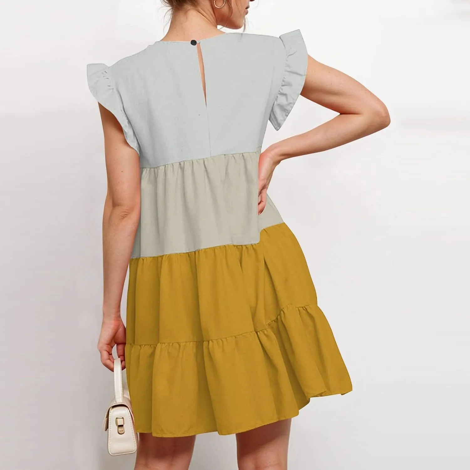 Women's Summer Dresses Casual Crew Neck Ruffle Sleeve Solid Color Flutter Beach Short Tunic Cute Mini Dress, S-2XL