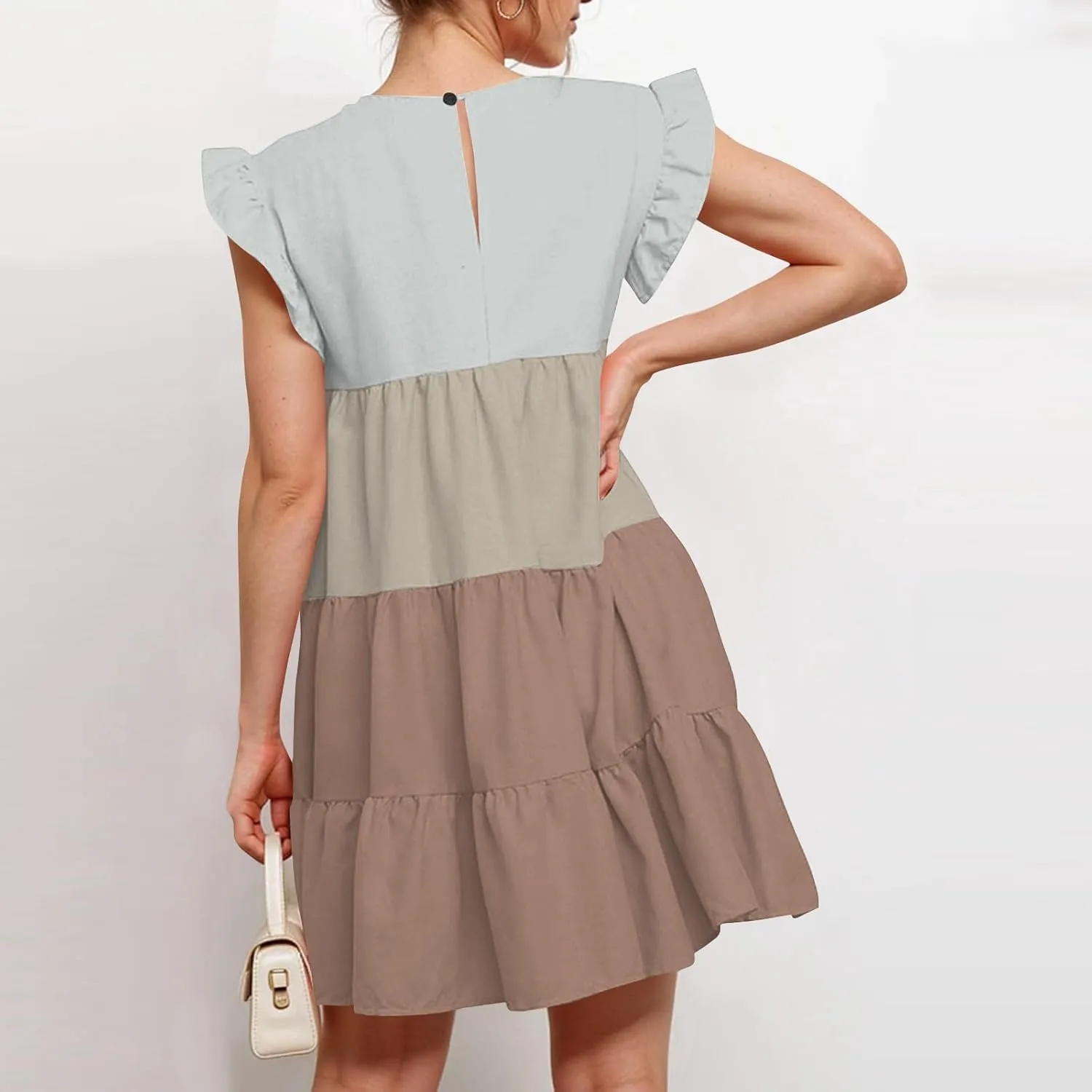 Women's Summer Dresses Casual Crew Neck Ruffle Sleeve Solid Color Flutter Beach Short Tunic Cute Mini Dress, S-2XL