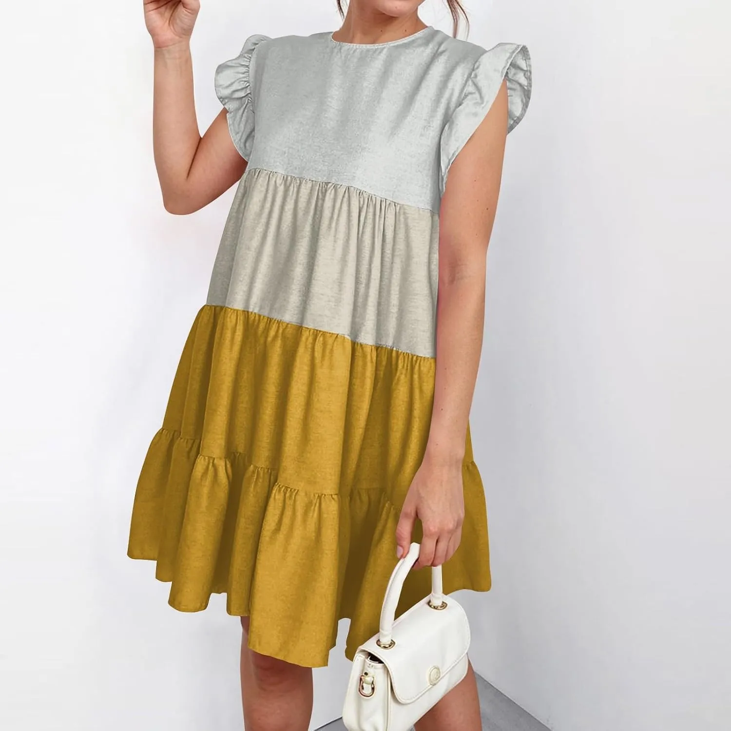Women's Summer Dresses Casual Crew Neck Ruffle Sleeve Solid Color Flutter Beach Short Tunic Cute Mini Dress, S-2XL