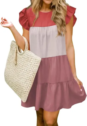 Women's Summer Dresses Casual Crew Neck Ruffle Sleeve Solid Color Flutter Beach Short Tunic Cute Mini Dress, S-2XL