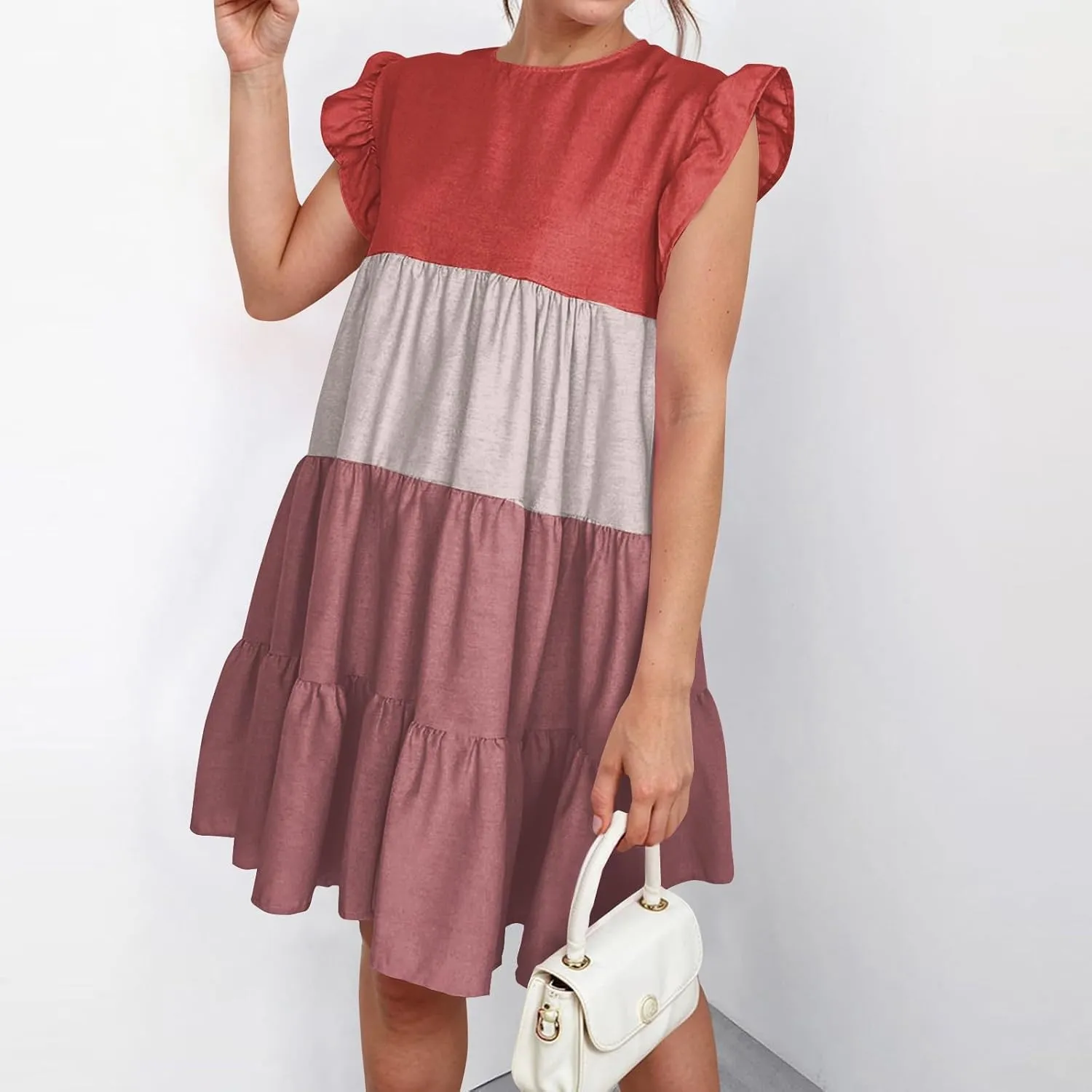 Women's Summer Dresses Casual Crew Neck Ruffle Sleeve Solid Color Flutter Beach Short Tunic Cute Mini Dress, S-2XL
