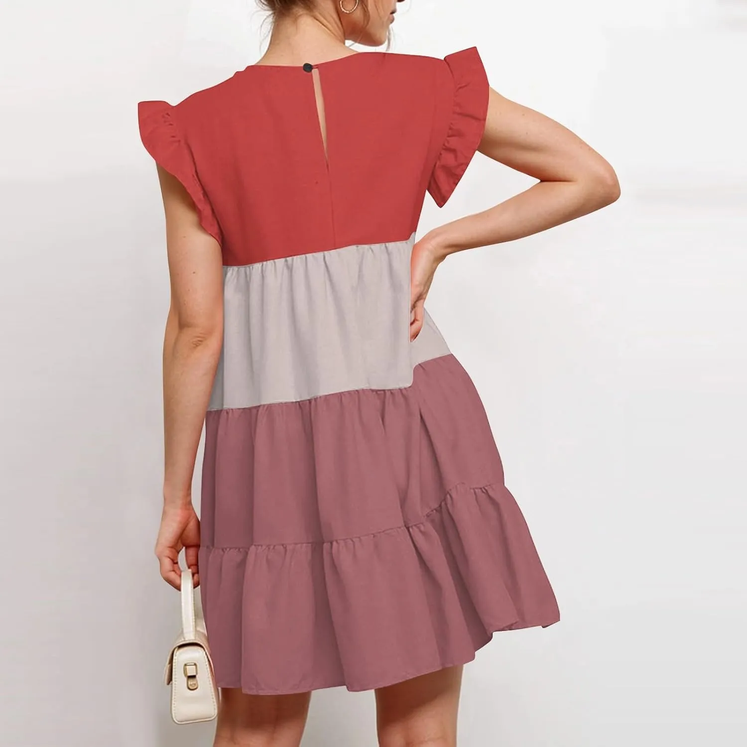 Women's Summer Dresses Casual Crew Neck Ruffle Sleeve Solid Color Flutter Beach Short Tunic Cute Mini Dress, S-2XL