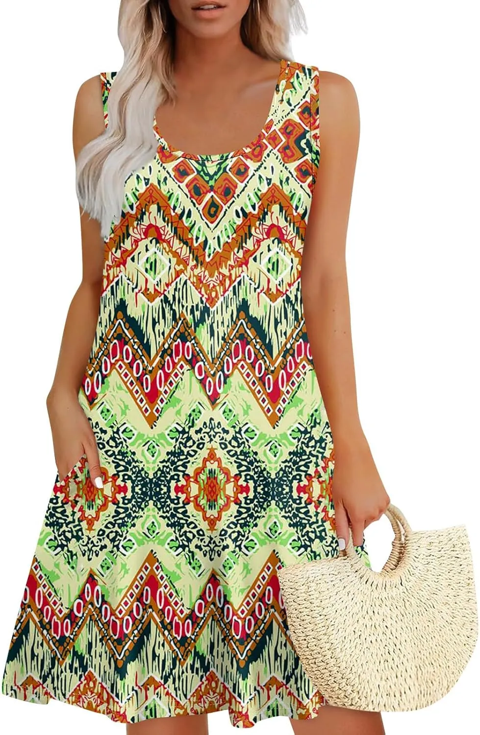 Womens Summer Dresses Causal 2025 Loose Sleeveless Crew Neck Mini Short Dress with Pockets
