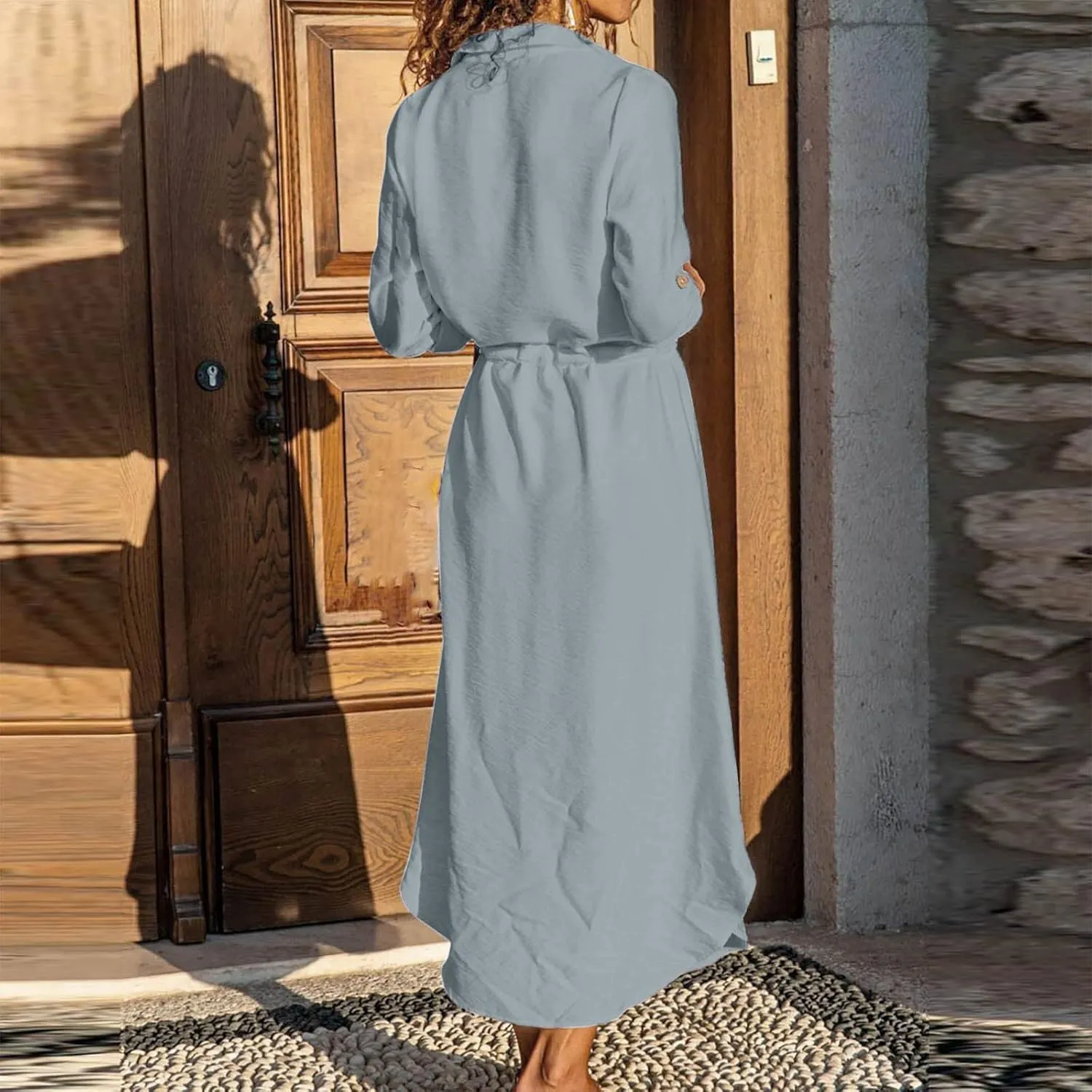 Women's Summer Dresses Cotton Linen Long Sleeve Button Down Casual Sundress Sexy Beach Maxi Shirt Dress with Pockets