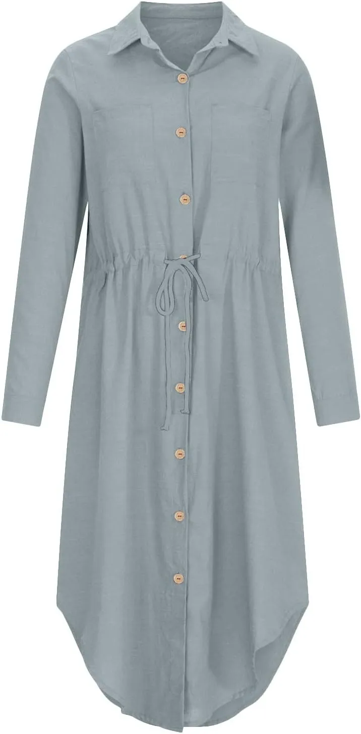 Women's Summer Dresses Cotton Linen Long Sleeve Button Down Casual Sundress Sexy Beach Maxi Shirt Dress with Pockets
