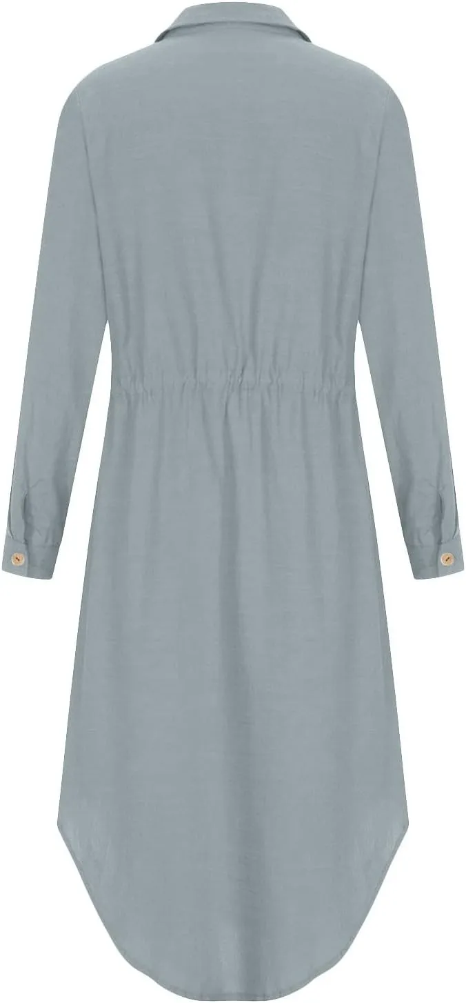 Women's Summer Dresses Cotton Linen Long Sleeve Button Down Casual Sundress Sexy Beach Maxi Shirt Dress with Pockets