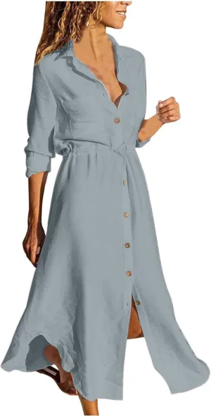 Women's Summer Dresses Cotton Linen Long Sleeve Button Down Casual Sundress Sexy Beach Maxi Shirt Dress with Pockets