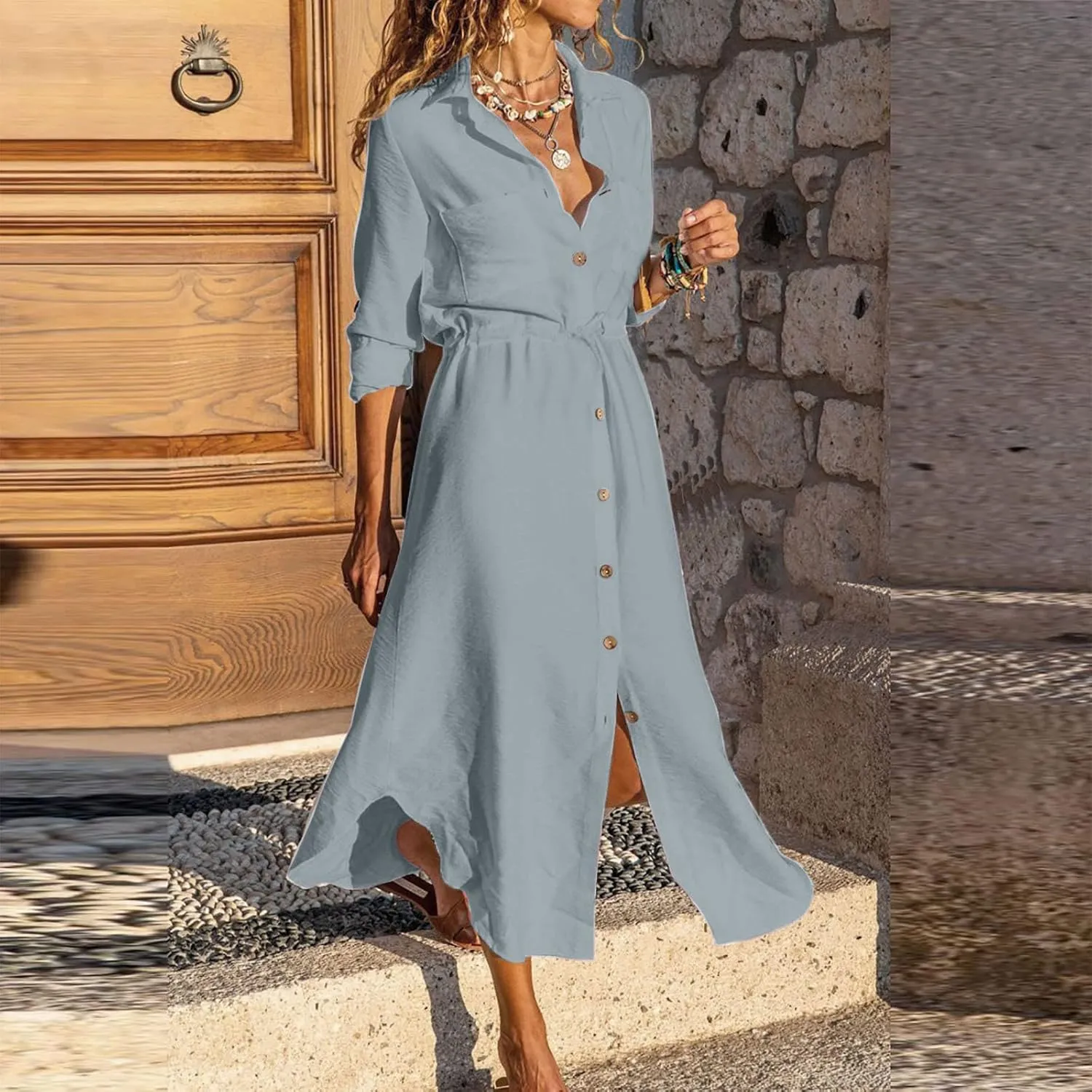 Women's Summer Dresses Cotton Linen Long Sleeve Button Down Casual Sundress Sexy Beach Maxi Shirt Dress with Pockets