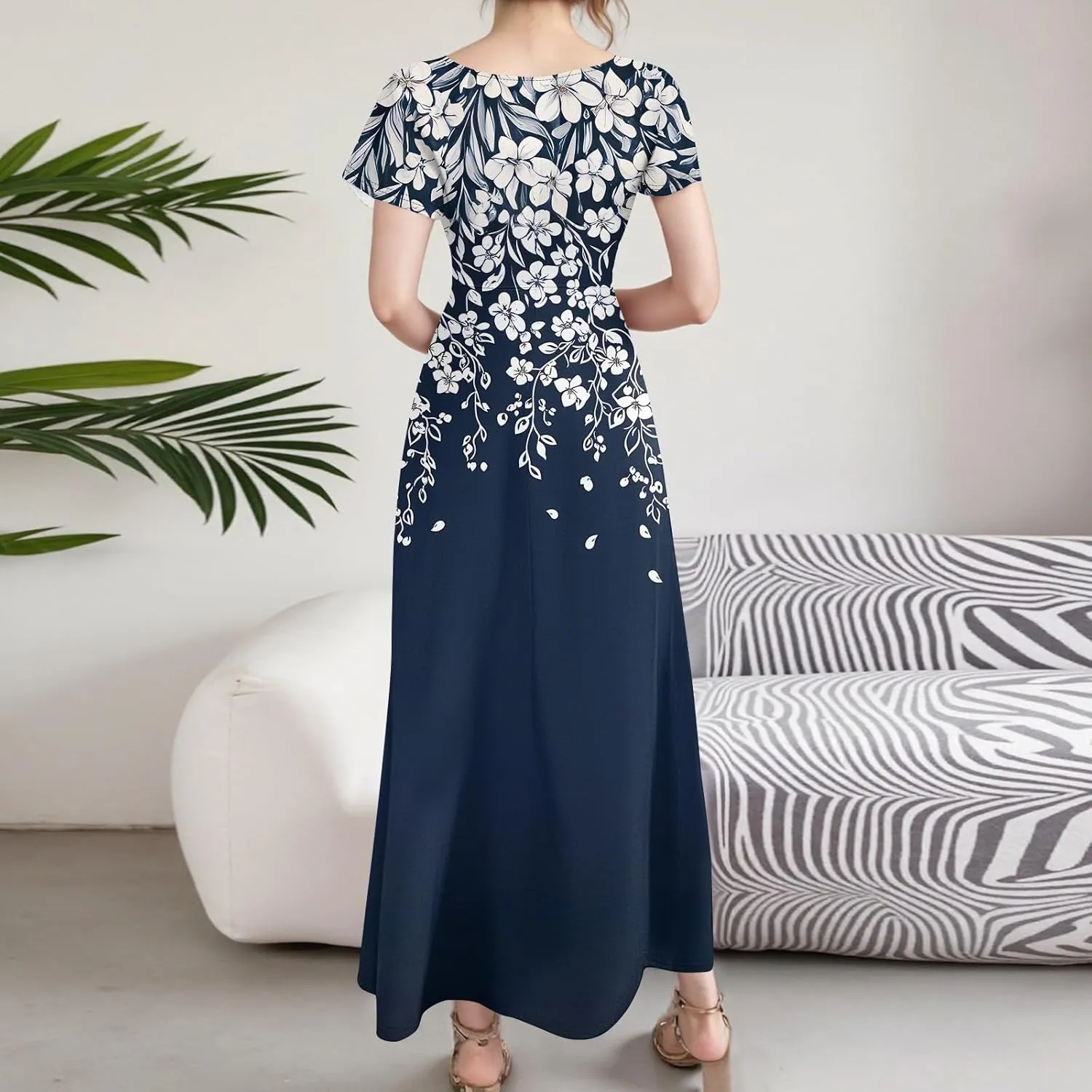 Women's Summer Floral Boho Dress Ruffle Sleeve V Neck Flowy Casual Loose Wedding Guest Long Maxi Ruffle Dresses