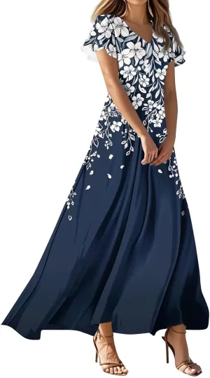 Women's Summer Floral Boho Dress Ruffle Sleeve V Neck Flowy Casual Loose Wedding Guest Long Maxi Ruffle Dresses