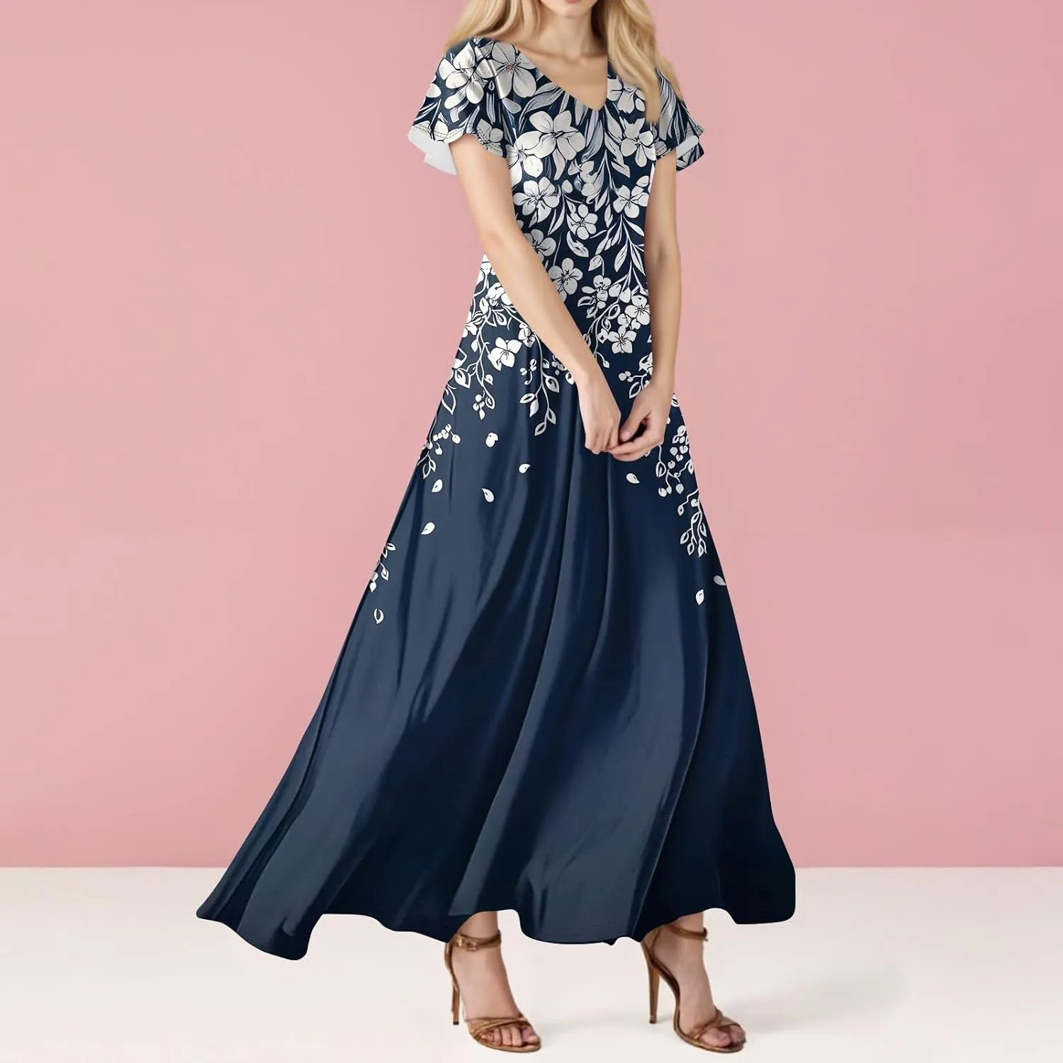 Women's Summer Floral Boho Dress Ruffle Sleeve V Neck Flowy Casual Loose Wedding Guest Long Maxi Ruffle Dresses