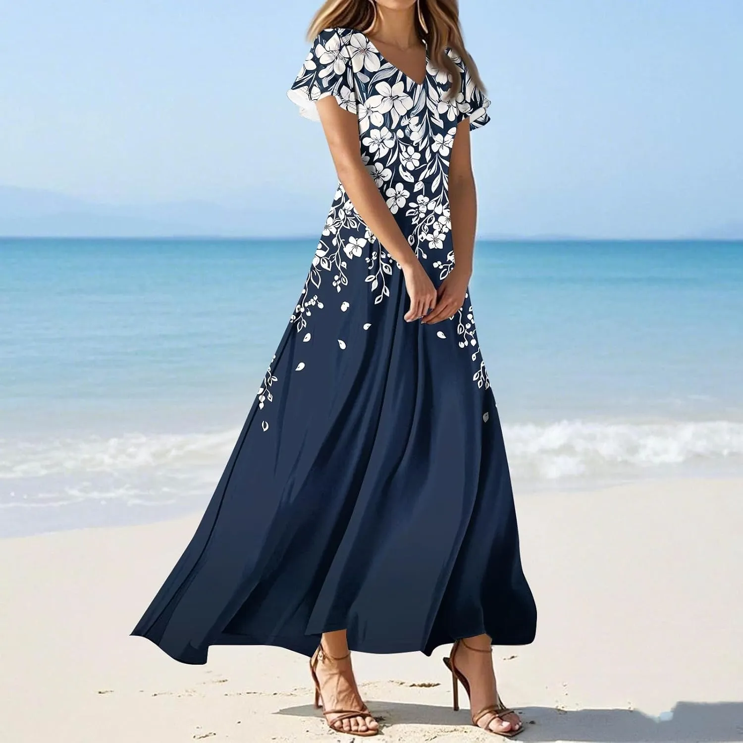 Women's Summer Floral Boho Dress Ruffle Sleeve V Neck Flowy Casual Loose Wedding Guest Long Maxi Ruffle Dresses