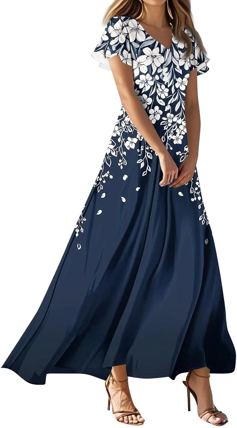 Women's Summer Floral Boho Dress Ruffle Sleeve V Neck Flowy Casual Loose Wedding Guest Long Maxi Ruffle Dresses