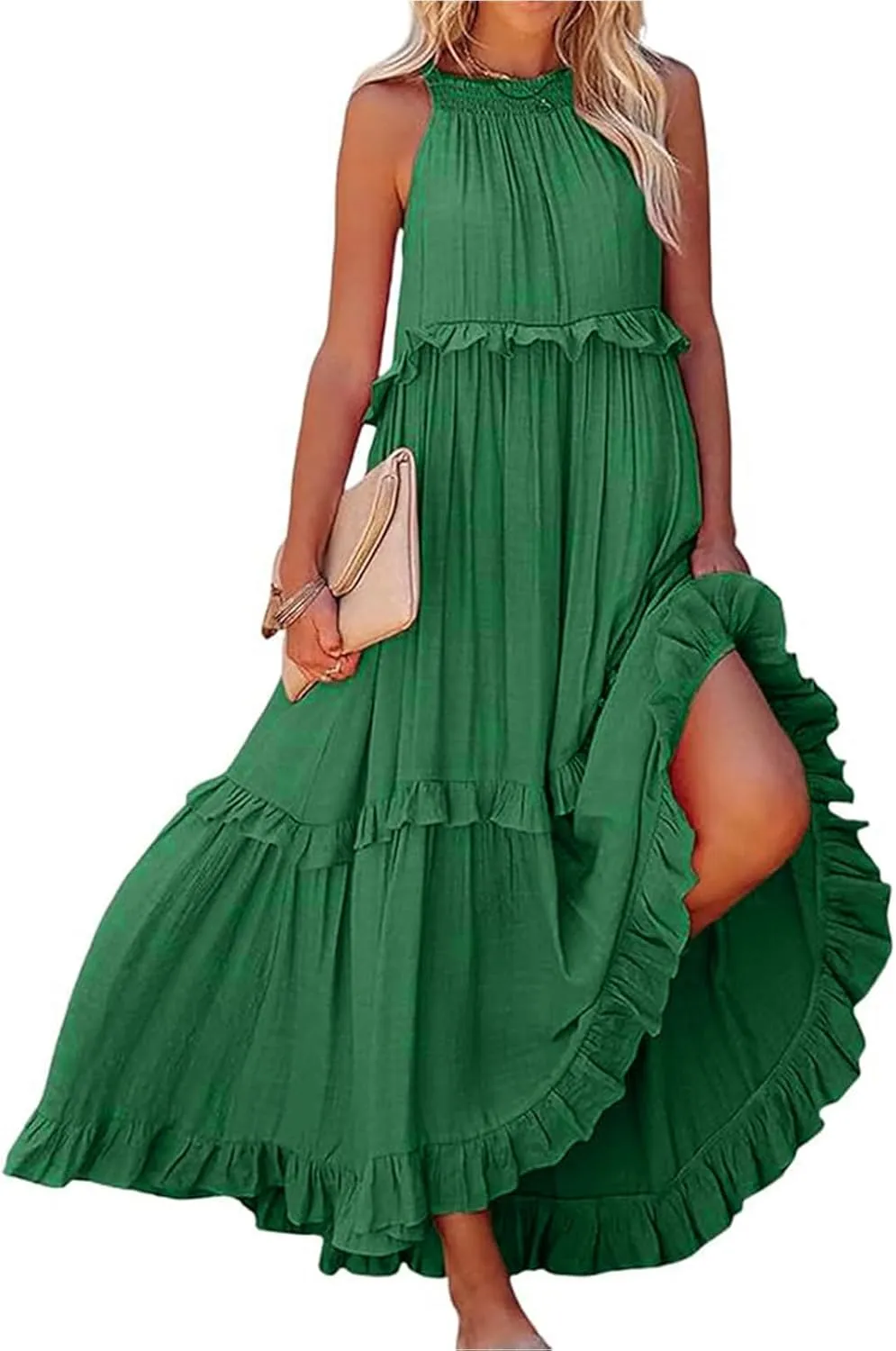 Womens Summer Floral Maxi Dresses Sleeveless Beach Wedding Guest Dress Drawstring Ruffle Long Flowy Dress