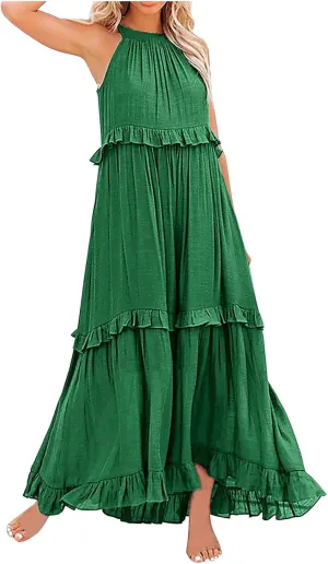 Womens Summer Floral Maxi Dresses Sleeveless Beach Wedding Guest Dress Drawstring Ruffle Long Flowy Dress