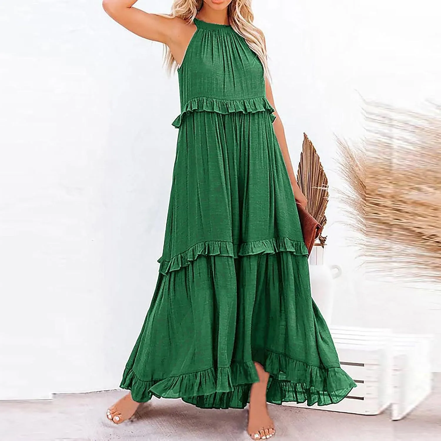 Womens Summer Floral Maxi Dresses Sleeveless Beach Wedding Guest Dress Drawstring Ruffle Long Flowy Dress