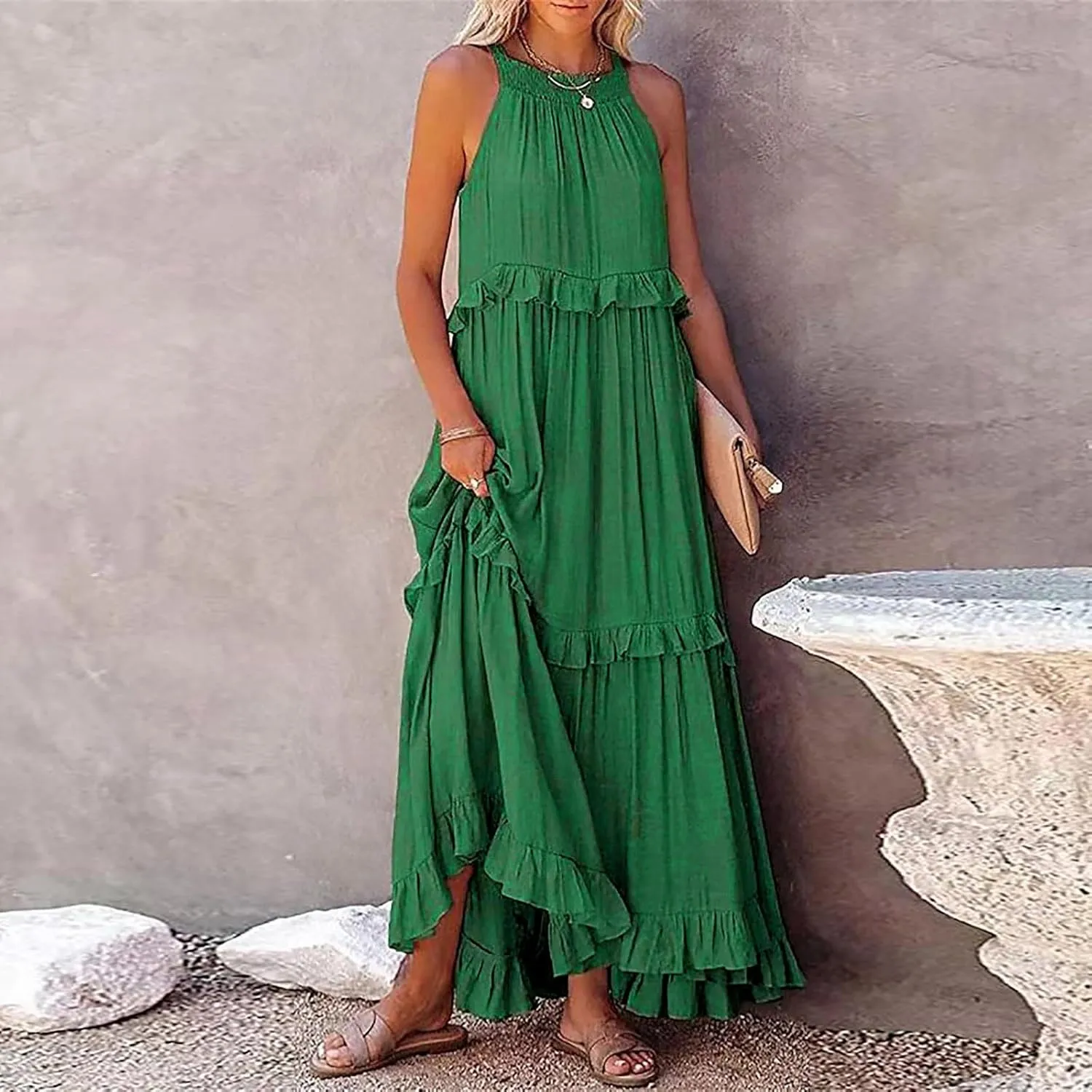 Womens Summer Floral Maxi Dresses Sleeveless Beach Wedding Guest Dress Drawstring Ruffle Long Flowy Dress