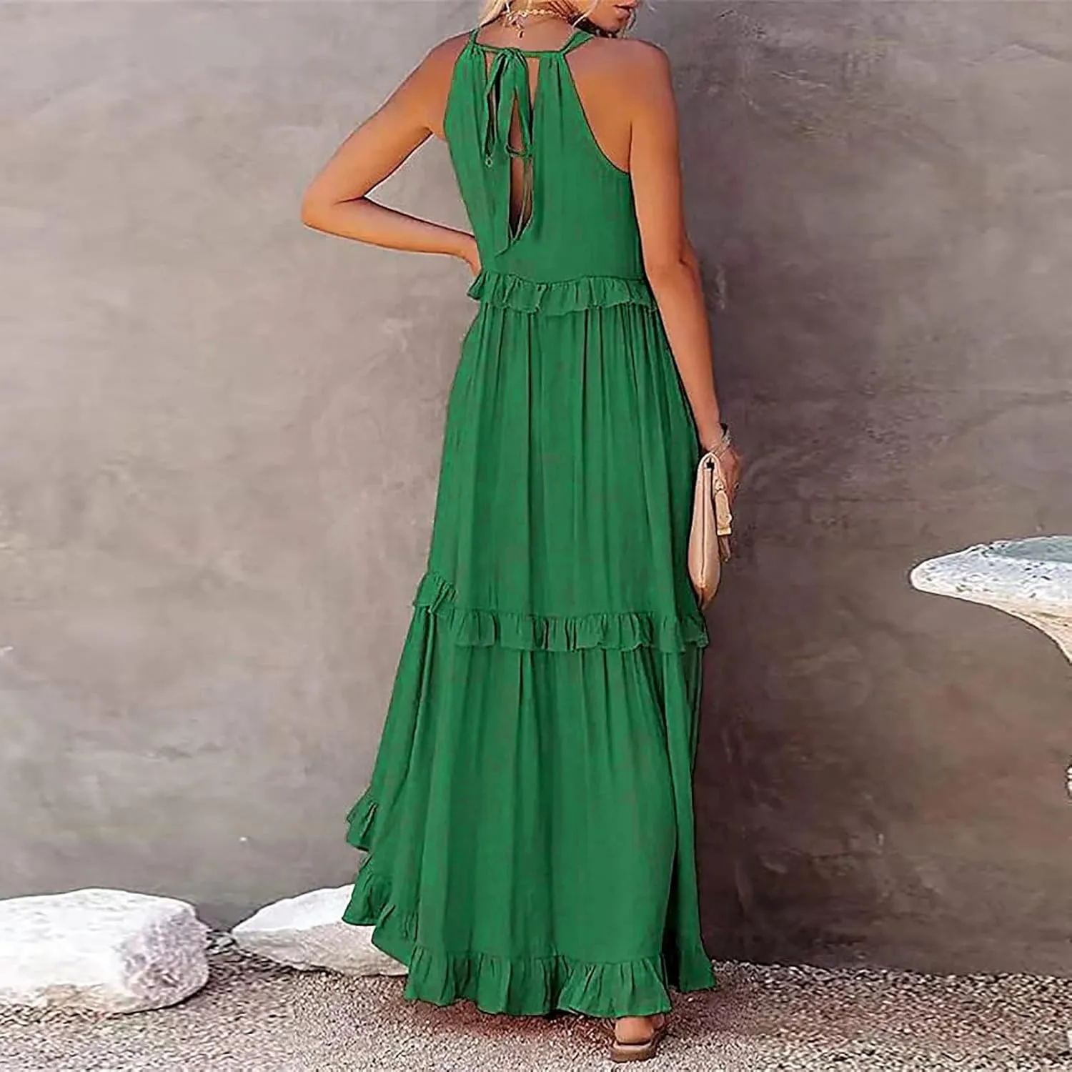 Womens Summer Floral Maxi Dresses Sleeveless Beach Wedding Guest Dress Drawstring Ruffle Long Flowy Dress