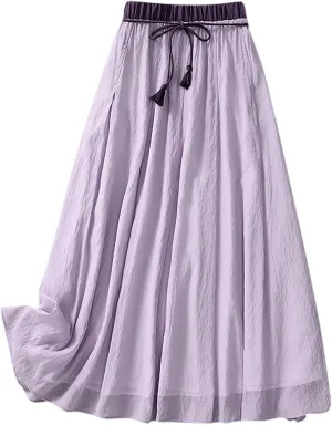 Womens Summer Linen Skirts Flowy Maxi Skirts Elastic Waist Pleated Skirts Beach Vacation Skirts Casual Travel Skirts