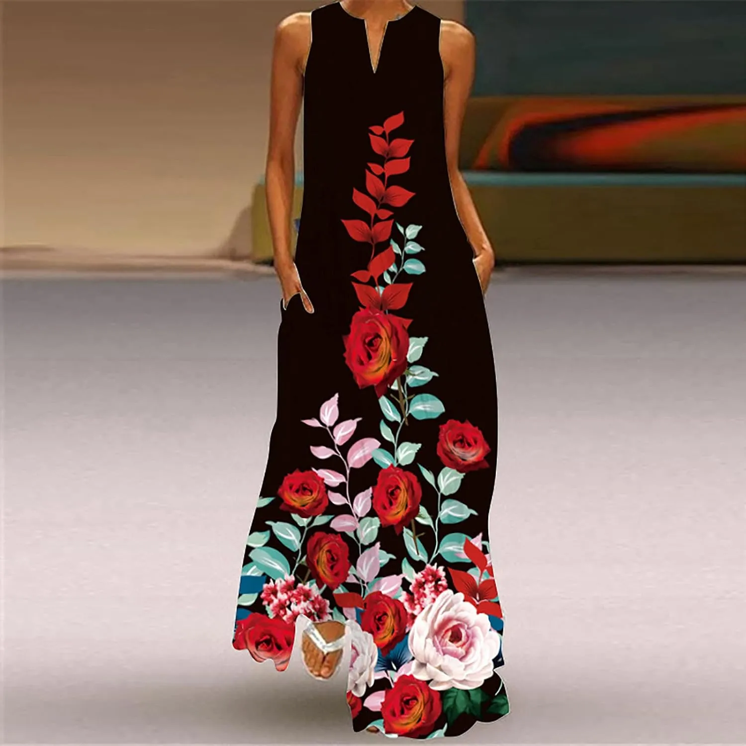 Women's Summer Maxi Dresses Casual Sleeveless Bohemian Floral Print Flowy Dress Vintage Summer Beach Long Sundresses