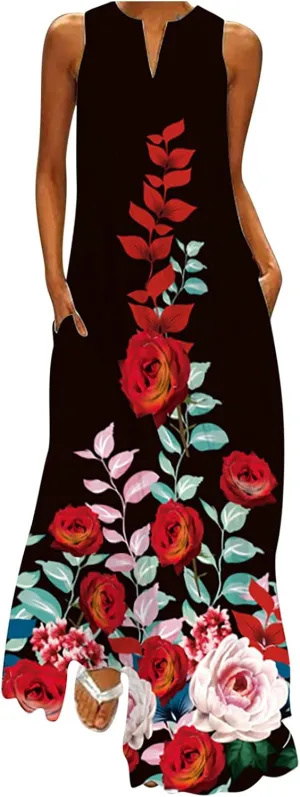 Women's Summer Maxi Dresses Casual Sleeveless Bohemian Floral Print Flowy Dress Vintage Summer Beach Long Sundresses