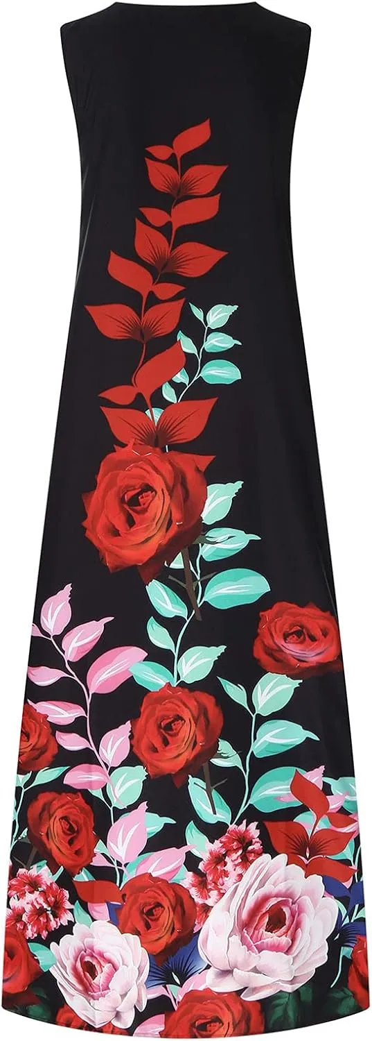 Women's Summer Maxi Dresses Casual Sleeveless Bohemian Floral Print Flowy Dress Vintage Summer Beach Long Sundresses