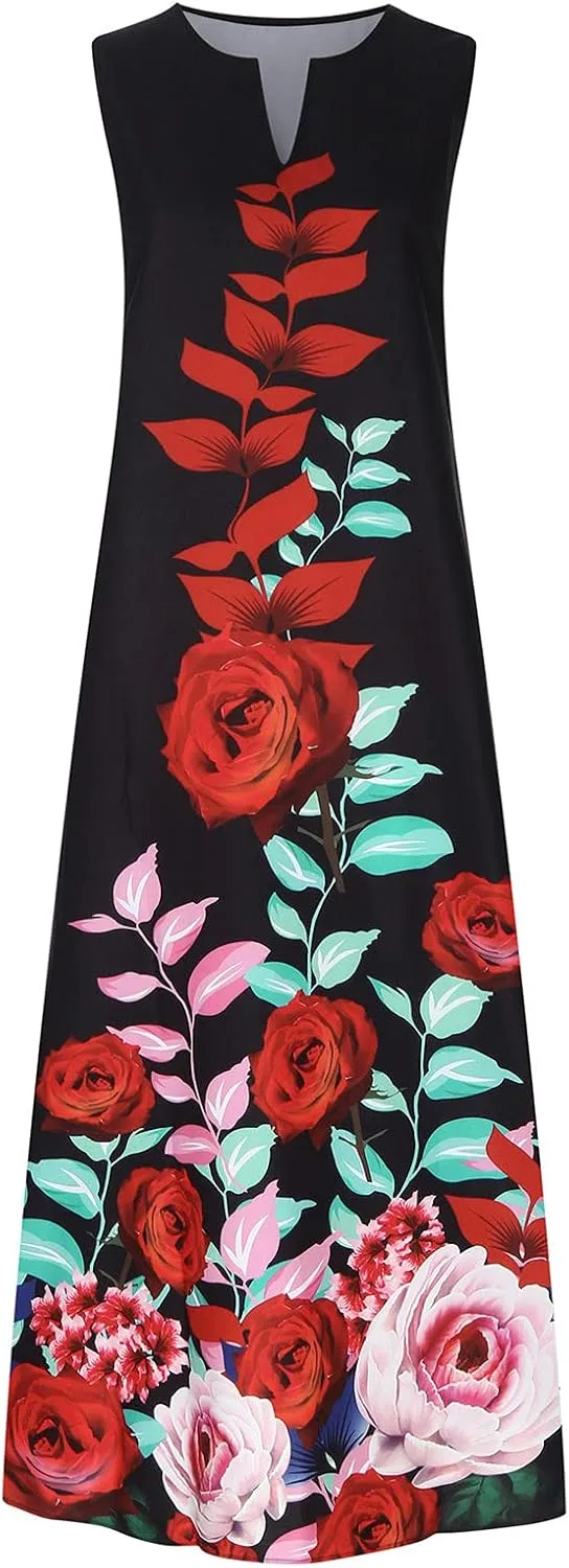 Women's Summer Maxi Dresses Casual Sleeveless Bohemian Floral Print Flowy Dress Vintage Summer Beach Long Sundresses