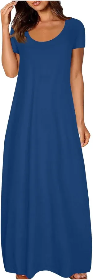 Womens Summer Maxi Dresses Fashion Solid Color Cap Sleeves Crewneck Plus Size Loose Comfy Long Beach Sundress