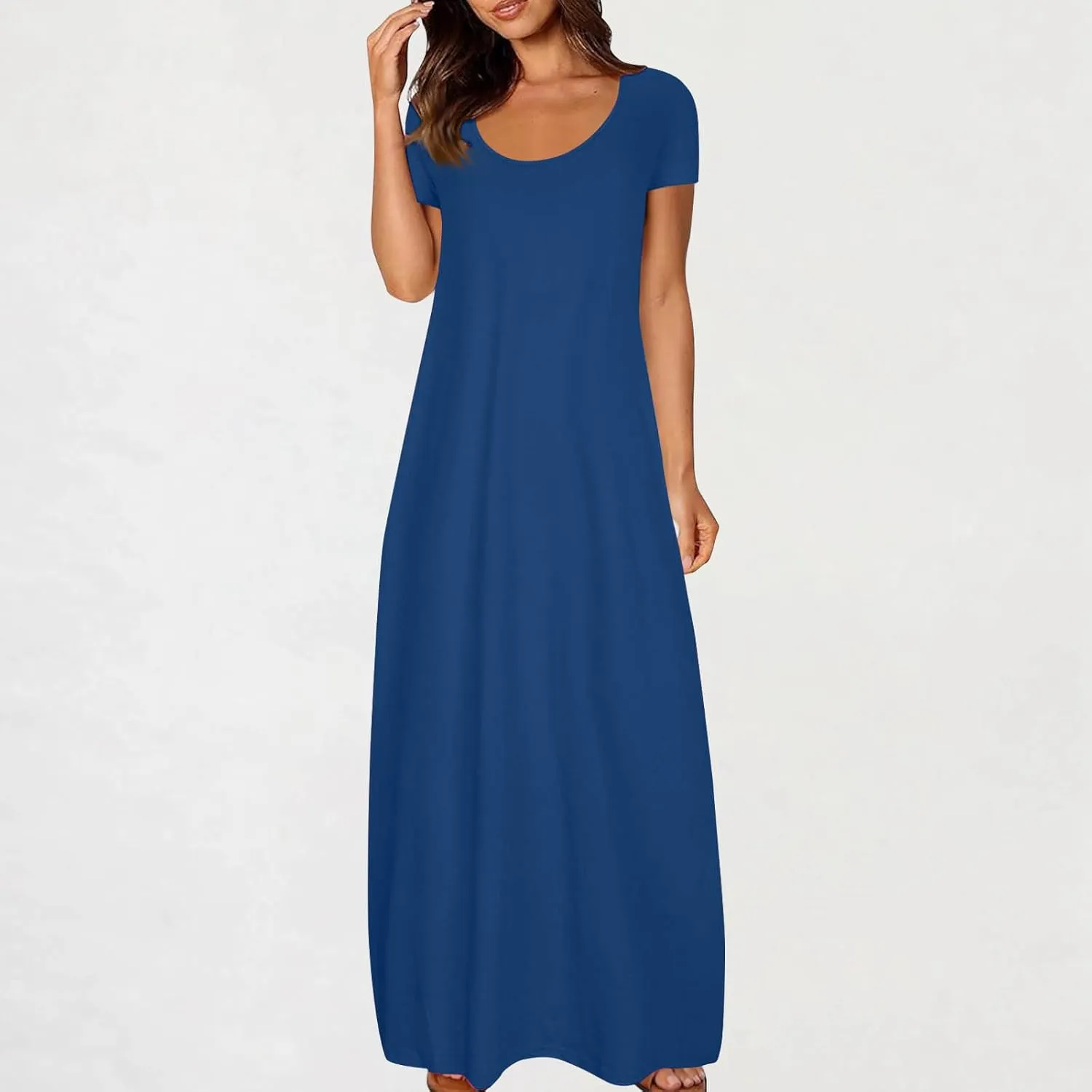 Womens Summer Maxi Dresses Fashion Solid Color Cap Sleeves Crewneck Plus Size Loose Comfy Long Beach Sundress