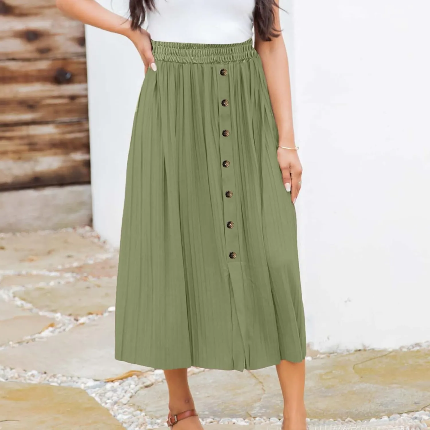 Women's Summer Maxi Skirts Women's Elastic Waist Skirts Party Shiny Accordion Pleated Midi Skirt Denim Skirts for