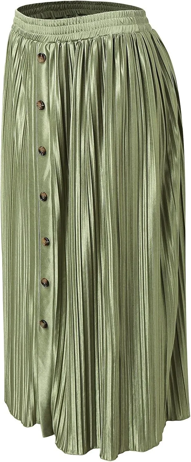 Women's Summer Maxi Skirts Women's Elastic Waist Skirts Party Shiny Accordion Pleated Midi Skirt Denim Skirts for