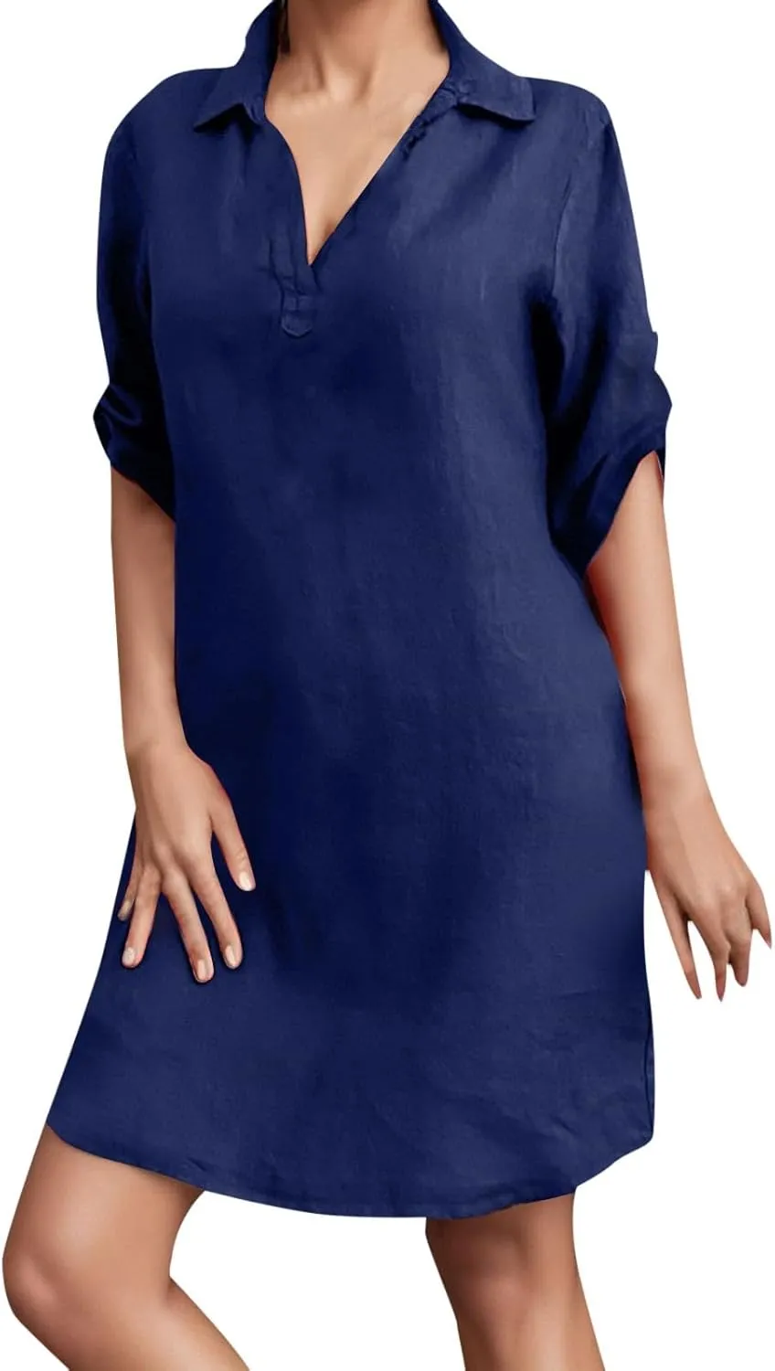 Women's Summer Midi Shirt Dresses Button Down 1/2 Sleeve Lapel Casual Cotton Linen Dress Linen Shirt Dress Loose Maxi Dresses