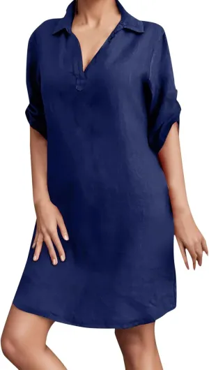 Women's Summer Midi Shirt Dresses Button Down 1/2 Sleeve Lapel Casual Cotton Linen Dress Linen Shirt Dress Loose Maxi Dresses