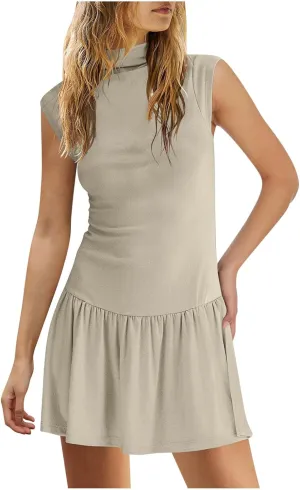 Womens Summer Modal Tank Mini Dress 2025 Fashion Stand Collar Cap Sleeve Ruffle Cute Beach Casual Vacation Dresses