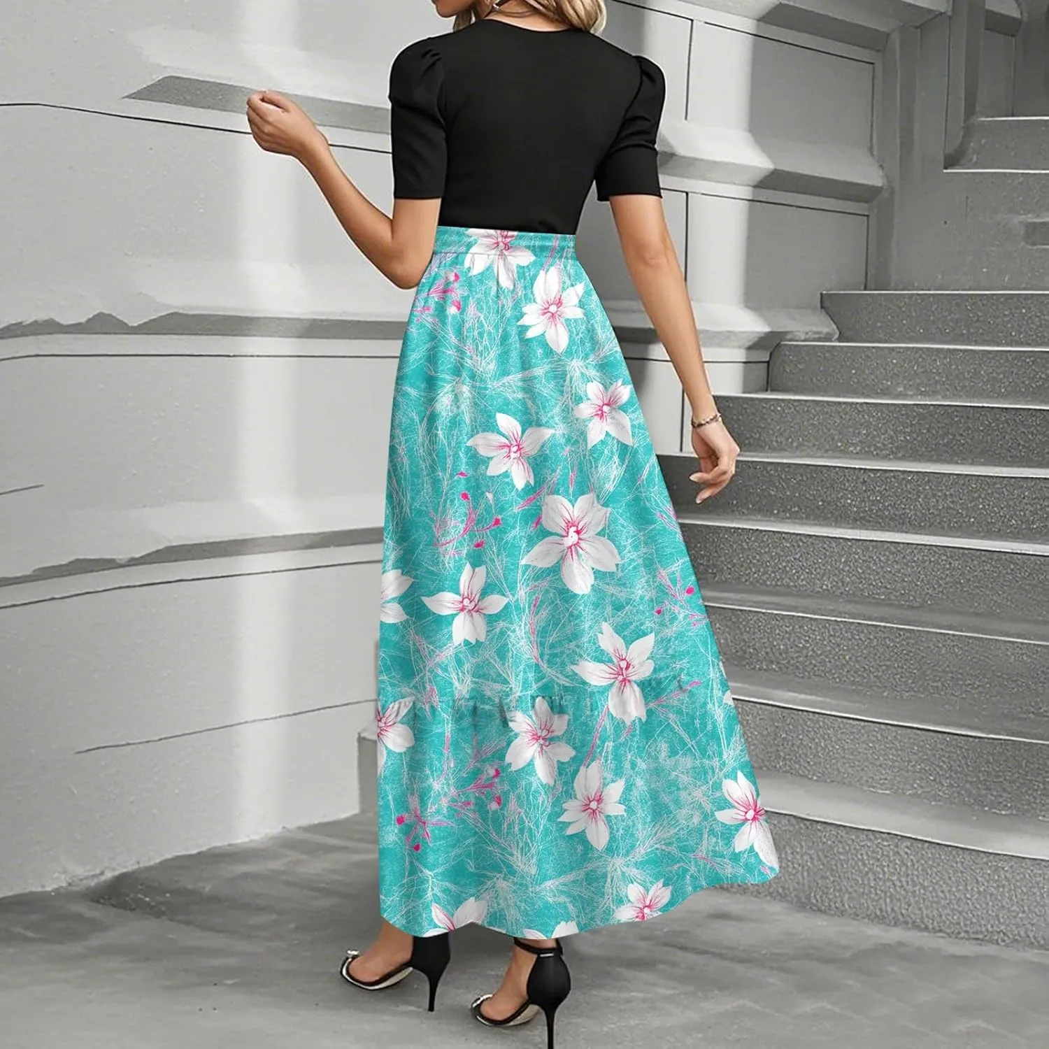Women's Summer Short Sleeve Maxi Dress 2025 Casual Crewneck Pleated A Line Flowy Long Dresses